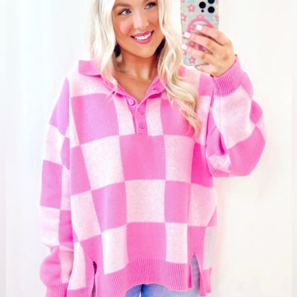 Pink Checkered Drop Shoulder Collared Sweater size Small